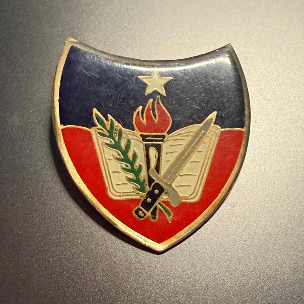 Enamel Turkish Army Shield Pin with Torch, Book & Sword - Red & Navy